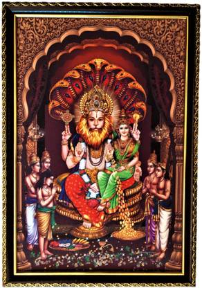 SujArta Lakshmi Narasimha Swamy Photo, (Medium Size) 13*9 Inch, Vinyl Print, 6mm Board Religious Frame