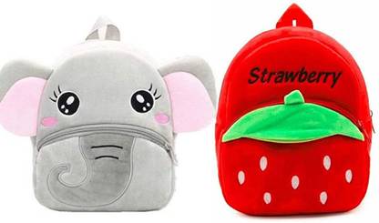 Grey Elephant&Strawberry_Com soft toy bag velvet bag Plush bag For Kids 12 L Backpack