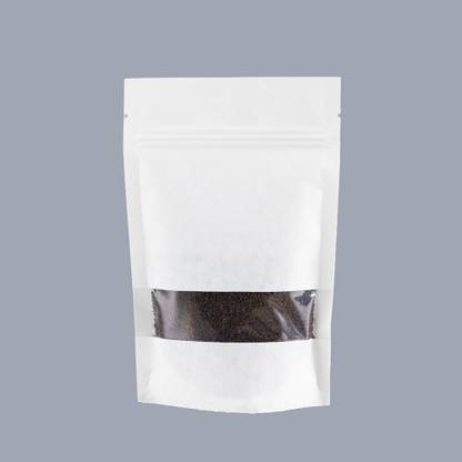 Enmark white stand up pouch 200-250gm zipper matt with window kraft 5.5"x8" Pack of 50 Paper Storage Pouch