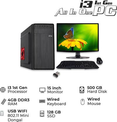 brozzo I31/R4/S128/H500/M15/WIFI Core i3 (4 GB DDR3/500 GB/128 GB SSD/Windows 10 Pro/15 Inch Screen/ALLINONE/BR-I31-R4-S128-H500-M15-WIFI)
