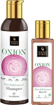 GOOD VIBES Onion Hairfall Control Combo - Hair Oil (100 ml) & Shampoo (200 ml)
