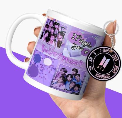 NH10 DESIGNS BTS Printed Army Cup with Keychain BTS Products For Girls Boys Friends (BNWMK1) Ceramic Coffee Mug