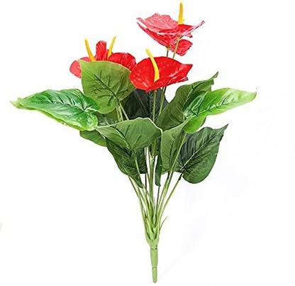 Nuttts Artificial Anthurium Red Flowers Green Leaves Red Anthurium Artificial Flower  with Pot