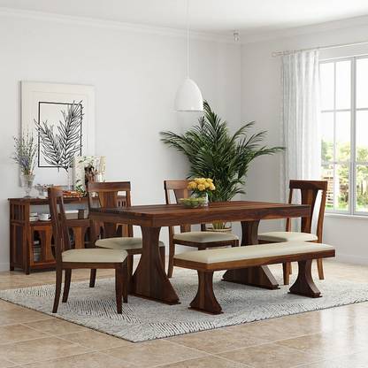 ExoticWood Sheesham Wood 6 Seater Dining Table with 4 Cushion Chairs & 1 Bench for Home Solid Wood 6 Seater Dining Set