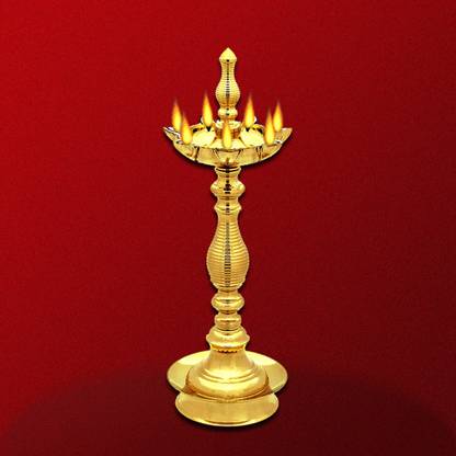 SSV's 7 Faced Brass Kalas Samai Also Known as Goa Samai with Lined Pattern Stand Brass Table Diya