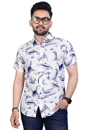 Fashionable Village Men Animal Print Casual White, Blue Shirt