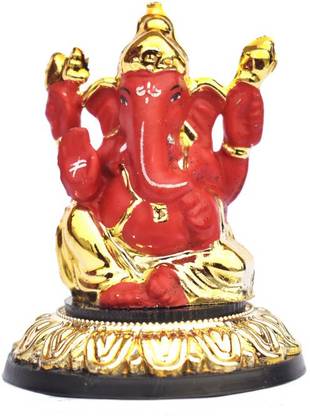 Crafty Ganesha with Base for Car Dashboard Idol God Ganesh Ganpati(5x8x5 cm)Gold Red Decorative Showpiece  -  8 cm