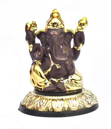 Crafty Ganesha with Base for Car Dashboard Idol God Ganesh Ganpati(5x8x5 cm)Gold Black Decorative Showpiece  -  8 cm