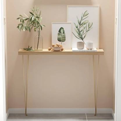 NG Decor Modern Narrow Rectangular Console Table with Wooden Top Metal Legs Metal Console Table (Finish Color - Natural & Gold, Pre-assembled)