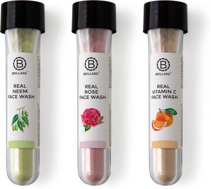 ब्रिल्लेयर रियल फेस वॉश मिनी कॉम्बो, नीम, विटामिन सी एंड रोज़ फेसवॉश, 3 ग्राम ईच फेस वॉश