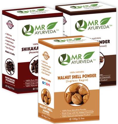 MR Ayurveda Walnut Shell Powder, Shikakai Powder & Reetha Powder - Set of 3