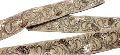 HouseOfHandKraft Light Brown Coffee color Border Lace on velvet base with sequins and zari work for Saree Crafts (9 Mtr Roll and 5.0 cm Width, Color: Light Brown) Lace Reel