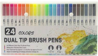 BM RETAIL 24 Colors Dual Tip Brush Art Markers Set Flexible Brush & 0.4mm Fineliner Tips