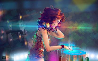 Poster Anime Girl Rocking Dj Wall sl041 (Wall Poster, 13x19 Inches, Multicolor) Fine Art Print
