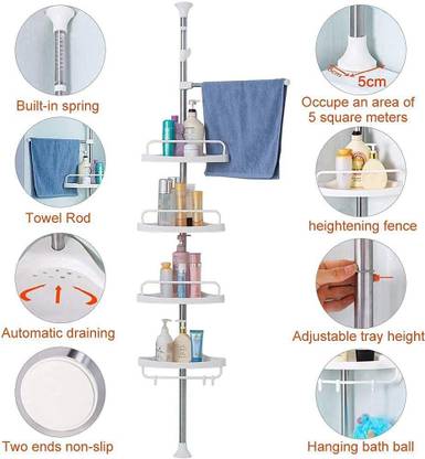 JENY Adjustable Space Saving Rack Rustproof Stainless Tension Pole Stand on Floor Plastic Wall Shelf