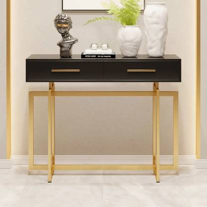 NG Decor 40" Modern Black Console Table with Storage Drawers and Metal Legs in Gold Metal Console Table