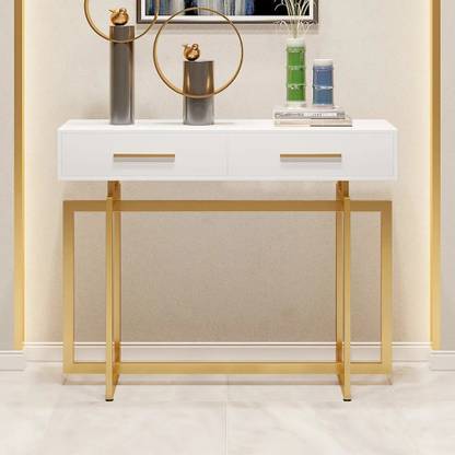 NG Decor 40" Narrow white Console Table with Storage Drawers and Metal Legs in Gold Metal Console Table
