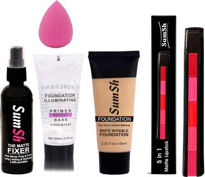 SumSh 5 in 1 Lipstick (Pink Edition), Fixer Spray, Primer, Foundation, Blender Spounge