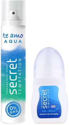 Secret Temptation Talc Effect Roll-on 50ml & Aqua Body Spary 120ml, Combo Pack of 2 for Women