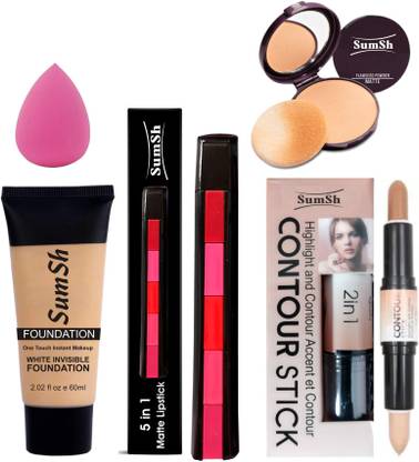 SumSh 5 in 1 Lipstick (Pink Edition), Foundation, Highlighter and Contour Stick, Compact Powder, Blender Spounge