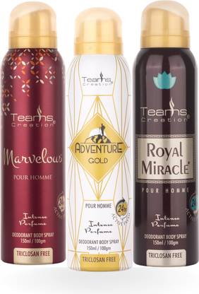 Teams Creation Royal Miracle, Marvelous, Adventure Gold Deodorant Body Spray Pour Homme 150ml Each (Pack of 3) Body Spray  -  For Men & Women