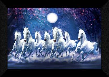 SNDArt Lucky Seven Running Horses Vastu UV Matt Textured Framed Digital Reprint 11 inch x 14 inch Painting