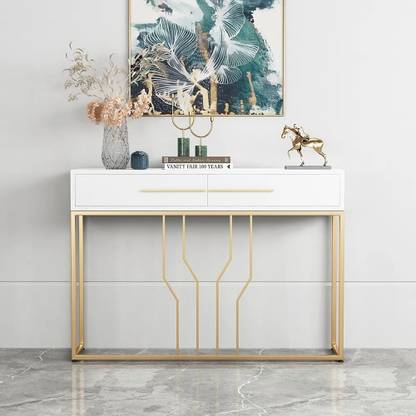 NG Decor Narrow Console Table with Drawers Wood Top in White Metal Console Table