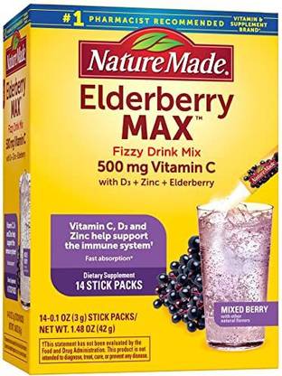 Nature Made Elderberry MAX Fizzy Drink Mix, Vitamin C, Vitamin D3, and Zinc Supplement