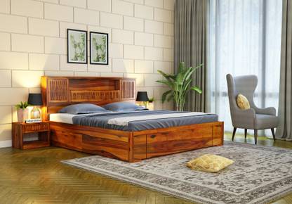 urban wood Stack Bed With Drawer Storage ( Queen Size, Honey Finish ) Solid Wood Queen Drawer Bed