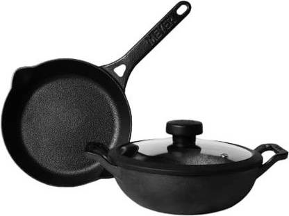 Meyer Cast Iron 3 Piece cookware Set - 20cm (Frypan + Kadai ) With Lid Non-Stick Coated Cookware Set