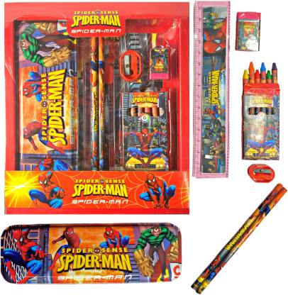 KAVANA Pencil Box Set for School,Stationery Gift set for Boys/Girls spiderman Metal with Sharpner,Erazer,2 Pencils,Scale,Colors Set,Pencil Box,etc Art Metal Pencil Box