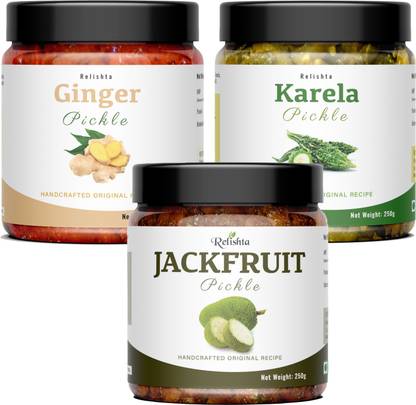 Relishta Jackfruit Ginger & Karela Pickle Kathal Achar (3x250G) Premium Less Oil Homemade Jackfruit Pickle