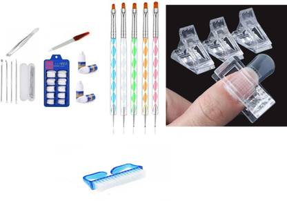 Ajora combo of nail art , 100 nail pcs with nail glue, 5 doting brush , nail filer and nail brush ( set of 6 items)