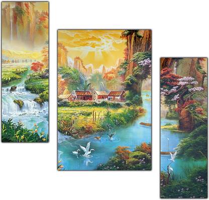 pnf Hand Painting Landscape Scenery Set of 3 MDF Panel-0188- Digital Reprint 12 inch x 18 inch Painting