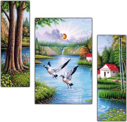 pnf Hand Painting Landscape Scenery Set of 3 MDF Panel-1424- Digital Reprint 12 inch x 18 inch Painting