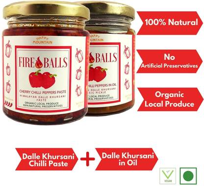 Happy Mountain Fireballs- Dalle Khursani Chilli in Oil Pickle + Chilli Paste (Combo of 2x200gm) Red Chilli Pickle