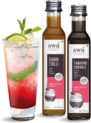 SWA Artisanal Syrups Spicy Lemonade Mocktail Syrup Combo, 100% Natural, 24 Drinks, Pack of 2, Tamarind Shikanji, Guava Chilli