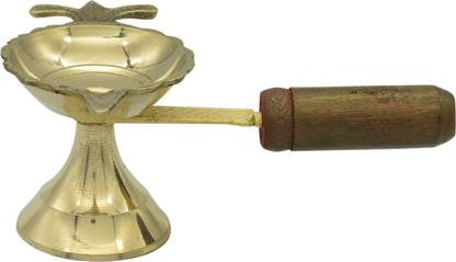 Puja N Pujari Brass Loban Burner Aarti Diya with Handle - Harathi Stand for Pooja Brass Table Diya