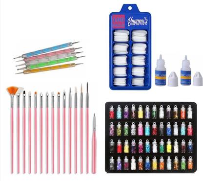 Yuvami's 100 nails with 2 glue & 48pcs Glitter bottle & 5 dotting pens & 15 nailart brush