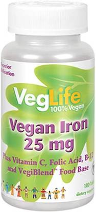 Veglife Vegan Iron 25 mg | Plus Vitamin C, Folic Acid, B-12 and VegiBlend Food Base