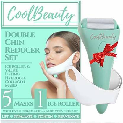 Coolbeauty Double Chin Reducer Face Slimmer - Chin Strap V Line Lifting Mask & Ice Roller  Face Shaping Mask