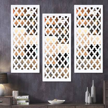 Timberly Decorative Hand Crafted Wooden Wall Mirror Panel for Living Room | Modern Wall Panels | Wall Decor - Pack of 3 (30 x 12 inch, White) Decorative Mirror