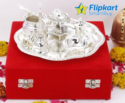 Flipkart SmartBuy Brass Silver Plated Om Design 7 Pcs. Pooja Thali set for Festive Occasions Brass