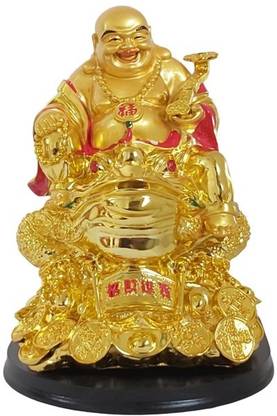 Goodmarts Feng Shui Laughing Buddha Sitting on Money Frog Statue for Money & Good Luck Decorative Showpiece  -  30 cm