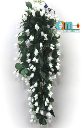 OM COLLECTIONS Hanging creeper flower bunch White, Green Rose Artificial Flower  with Pot