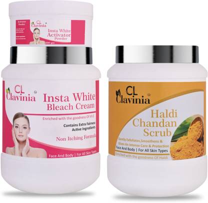 CLAVINIA Insta White Bleach Cream 1 Kg + Haldi & Chandan Scrub 1000 ml ( Pack Of 2)