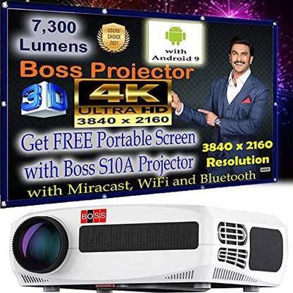 BOSS S10A New 4K Android 9.0 Projector 7300 Lumens 3840 x 2160 - WiFi and Bluetooth (73000 lm / 1 Speaker / Wireless / Remote Controller) Portable Projector