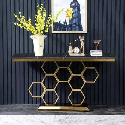 NG Decor 59" Modern Rectangular Black Marble Console Table Narrow Entryway Table Steel Console Table