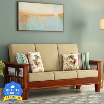 Taskwood Furniture Solid Wooden With Cushions For Living Room / Cream Fabric 3 Seater Sofa  (Finish Color - Natural Teak, DIY(Do-It-Yourself))