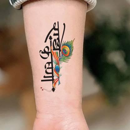 surmul Peacock Feather with Radhe Krishna Temporary Tattoo Waterproof